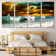 Load image into Gallery viewer, Sea Waves Canvas Print Green Seascape Canvas Set Yellow Cloudy Sky Ocean Waves  4 Piece Canvas Wall Art For Your Bedroom
