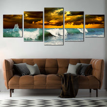 Load image into Gallery viewer, Sea Waves Canvas Print Green Seascape Canvas Set Yellow Cloudy Sky Ocean Waves  5 Piece Canvas Wall Art In Living room
