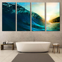 Load image into Gallery viewer, Sea Waves Canvas Wall Art Beautiful Ocean Waves Yellow Sunset 4 Piece Multi Canvas Artwork Blue Surfing Wave Canvas Print For Your Bathroom
