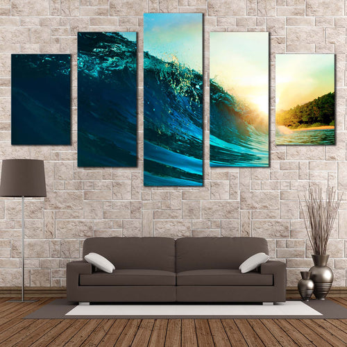 Sea  Waves  Canvas  Wall  Art  Beautiful  Ocean  Waves  Yellow  Sunset  5  Piece  Multi  Canvas  Artwork  Blue  Surfing  Wave  Canvas  Print For Living room