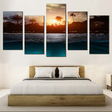 Load image into Gallery viewer, Sea Waves Canvas Wall Art Beautiful Scenery Trees Canvas Yellow Sunset Sky  5 Piece Canvas Print Grey Ocean Beach Canvas Artwork In Bedroom
