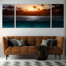 Load image into Gallery viewer, Sea Waves Canvas Wall Art Beautiful Scenery Trees Canvas Yellow Sunset Sky  3 Piece Canvas Print Grey Ocean Beach Canvas Artwork In Living Room
