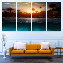 Load image into Gallery viewer, Sea Waves Canvas Wall Art Beautiful Scenery Trees Canvas Yellow Sunset Sky  4 Piece Canvas Print Grey Ocean Beach Canvas Artwork For Living room
