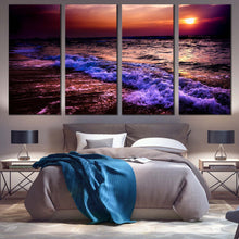 Load image into Gallery viewer, Sea Waves Canvas Wall Art Blue Purple Ocean Waves Canvas Print Cloudy Orange Sunset Ocean Sky  4 Piece Canvas In Bedroom
