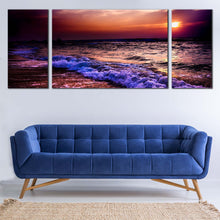 Load image into Gallery viewer, Sea Waves Canvas Wall Art Blue Purple Ocean Waves Canvas Print Cloudy Orange Sunset Ocean Sky  3 Piece Canvas For Living Room
