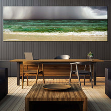 Load image into Gallery viewer, Sea  Waves  Canvas  Wall  Art  Dramatic  Grey  Clouds  Ocean  Sky  Canvas  Print  Yellow  Sand  Beach  1  Piece  Wide  Canvas In Dinning Room
