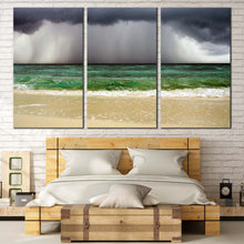 Load image into Gallery viewer, Sea Waves Canvas Wall Art Dramatic Grey Clouds Ocean Sky Canvas Print Yellow Sand Beach 3 Piece Multi Panel Canvas For Bedroom
