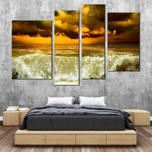 Load image into Gallery viewer, Seascape Storm Canvas Wall Art Dramatic Clouds Yellow Sunset Canvas Artwork Green Ocean Waves  4 Piece Canvas Print
