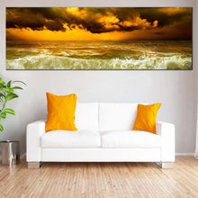 Load image into Gallery viewer, Seascape  Storm  Canvas  Wall  Art  Dramatic  Clouds  Yellow  Sunset  Canvas  Artwork  Green  Ocean  Waves  Living  Room  Panoramic  Canvas  Print In Living Room
