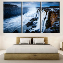 Load image into Gallery viewer, Selfoss Waterfall Canvas Print Vatnajokull National Park Blue Sky Multi Canvas White Selfoss Cascade Canvas Set Jokulsa a Fjollum  3 Piece Canvas Wall Art For Bedroom
