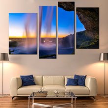 Load image into Gallery viewer, Seljalandsfoss Sunset Canvas Print Blue Sky Iceland Waterfall Multi Canvas Yellow Sunset Waterfall Scenery  4 Piece Canvas Wall Art
