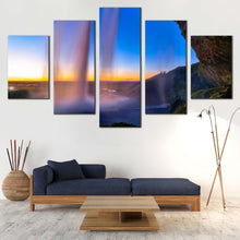 Load image into Gallery viewer, Seljalandsfoss  Waterfall  Canvas  Wall  Art  Blue  Sky  Waterfall  Scenery  5  Piece  Multi  Panel  Canvas  Yellow  Sunset  Iceland  Waterfall  Canvas  Print In Living Room
