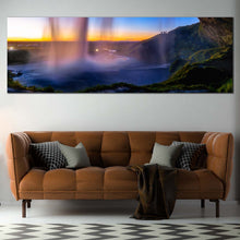 Load image into Gallery viewer, Seljalandsfoss  Waterfall  Canvas  Wall  Art  Blue  Sky  Waterfall  Scenery  Living  Room  1  Piece  Canvas  Yellow  Sunset  Iceland  Waterfall  Canvas  Print In Living Room
