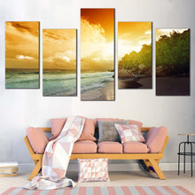 Load image into Gallery viewer, Seychelles Beach Canvas Wall Art Green La Digue Island 5 Piece Canvas  Yellow Ocean Beach Canvas Print In Living Room

