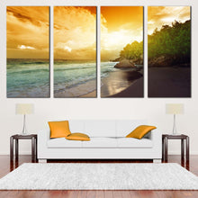 Load image into Gallery viewer, Seychelles Island Canvas Wall Art  Green La Digue Beach 4 Piece Canvas Yellow Ocean Beach Canvas Print In Living room
