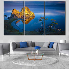 Load image into Gallery viewer, Shaman Mountain Canvas Print Blue Lake Baikal Cliff Landscape  3 Piece Canvas Print Yellow Ocean Mountains Multi Canvas Artwork In Living room
