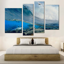 Load image into Gallery viewer, Shark Ocean Canvas Wall Art Blue Ocean Waves  4 Piece Canvas Print Underwater Grey Sharks Fish Canvas Art 

