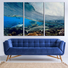 Load image into Gallery viewer, Shark Ocean Canvas Wall Art Blue Ocean Waves  3 Piece Canvas Print Underwater Grey Sharks Fish Canvas Artwork In Living Room
