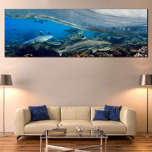 Load image into Gallery viewer, Shark  Ocean  Canvas  Wall  Art  Blue  Ocean  Waves  Living  Room  Panoramic  Canvas  Print  Underwater  Grey  Sharks  Fish  Wide  Canvas  Artwork For Living Room
