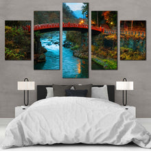 Load image into Gallery viewer, Shinkyo  Bridge  Canvas  Wall  Art  Yellow  Mountain  Lights  Nature  Scenery  5  Piece  Multi  Canvas  Blue  Clear  Water  Forest  Canvas  Print  Nikko  City  Landscape  Canvas  Set For Your Bedroom
