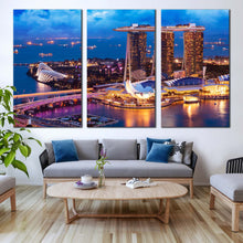 Load image into Gallery viewer, Singapore City Canvas Wall Art Marina Bay Yellow City Lights 3 Piece Multi Canvas Blue Sea Cityscape Lights Ships Canvas Print For Living Room
