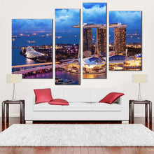 Load image into Gallery viewer, Singapore City Canvas Wall Art Marina Bay Yellow City Lights 4 Piece Multi Canvas Blue Sea Cityscape Lights Ships Canvas Print
