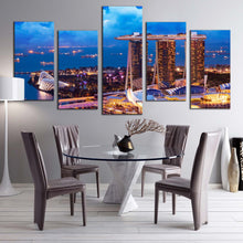 Load image into Gallery viewer, Singapore City Canvas Wall Art Marina Bay Yellow City Lights 5 Piece Multi Canvas Blue Sea Cityscape Lights Ships Canvas Print For Dining Room
