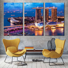 Load image into Gallery viewer, Singapore Cityscape Canvas Wall Art Brown City at Dusk 3 Piece Canvas Print Blue Sky Marina Bay Multi Canvas Artwork In Living Room
