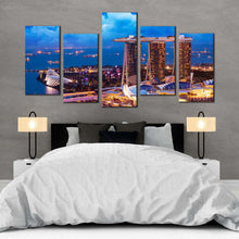 Load image into Gallery viewer, Singapore Cityscape Canvas Wall Art Brown City at Dusk 5 Piece Canvas Print Blue Sky Marina Bay Multi Canvas Artwork In Bedroom
