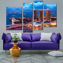 Load image into Gallery viewer, Singapore Landscape Canvas Wall Art Yellow City at Dusk Wide Canvas Blue Sky Marina Bay 4 Piece Canvas Print
