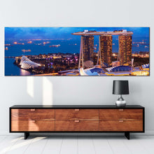 Load image into Gallery viewer, Singapore Landscape Canvas Wall Art Yellow City at Dusk Wide Canvas Blue Sky Marina Bay Panoramic Canvas Print In Living Room
