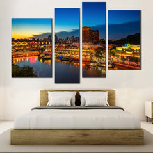 Load image into Gallery viewer, Singapore Cityscape Canvas Wall Art Blue Cloudy Sky Night View  4 Piece Canvas Print Yellow Harbors City River Reflection Canvas Set 
