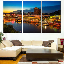 Load image into Gallery viewer, Singapore Cityscape Canvas Wall Art Blue Cloudy Sky Night View  3 Piece Canvas Print Yellow Harbors City River Reflection Multi Canvas Artwork In Living room
