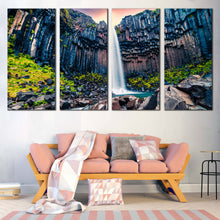 Load image into Gallery viewer, Skaftafell Waterfall Canvas Wall Art Green Blue Rocks Waterfall Scenery  4 Piece Canvas Black Fall Iceland Canvas Print Vatnajokull National Park Multi Canvas Artwork For Living room
