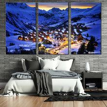 Load image into Gallery viewer, Ski Resort Canvas Wall Art France Evening Blue Landscape Multi Canvas Artwork Yellow Lights Snow Mountain Cabins 3 Piece Canvas Print In Bedroom
