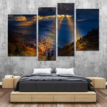 Load image into Gallery viewer, Smoky Mountains Canvas Wall Art Yellow Sunbeams Mountains Scenery Canvas Print Beautiful Blue Landscape Trees  4 Piece Canvas 
