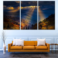 Load image into Gallery viewer, Smoky Mountains Canvas Wall Art Yellow Sunbeams Mountains Scenery Canvas Print Beautiful Blue Landscape Trees  3 Piece Canvas For Living Room
