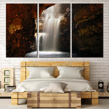 Load image into Gallery viewer, Smoo Cave Canvas Wall Art Scotland Brown Cave Waterfall  3 Piece Canvas Print White Waterfall in a Cave Triptych Multiple Canvas For Bedroom
