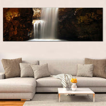 Load image into Gallery viewer, Smoo  Cave  Canvas  Wall  Art  Scotland  Brown  Cave  Waterfall  Living  Room  1  Piece  Canvas  Print  White  Waterfall  in  a  Cave  Wide  Canvas In Living Room
