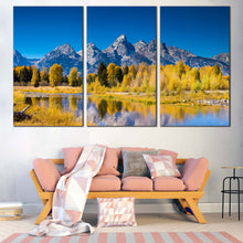 Load image into Gallery viewer, Snake River Canvas Wall Art Blue Sky Ocean Mountains Canvas Set Grand Teton National Park 3 Piece Multiple Canvas Golden Aspen Trees Canvas Print For Living Room
