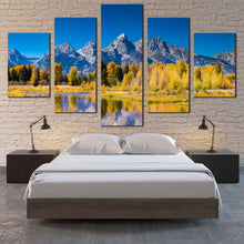 Load image into Gallery viewer, Snake  River  Canvas  Wall  Art  Blue  Sky  Ocean  Mountains  Canvas  Set  Grand  Teton  National  Park    5  Piece  Multiple  Canvas  Golden  Aspen  Trees  Canvas  Print In Bedroom

