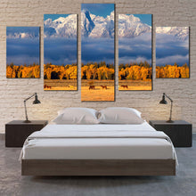 Load image into Gallery viewer, Snow  Mountains  Canvas  Print  Orange  Autumn  Landscape  Multi  Canvas  Blue  Cloudy  Sky  Canvas  Set  Grand  Tetons  Range    5  Piece  Canvas  For Bedroom
