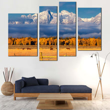 Load image into Gallery viewer, Snow Mountains Canvas Print Orange Autumn Landscape Multi Canvas Blue Cloudy Sky Canvas Set Grand Tetons Range  4 Piece Canvas 
