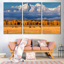 Load image into Gallery viewer, Snow Mountains Canvas Print Orange Autumn Landscape Multi Canvas Grand Tetons Range  3 Piece Canvas Wall Art In Living Room
