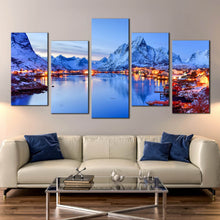 Load image into Gallery viewer, Snow Mountains Reinevagen Reine Lofoten Islands Norway at night 5 Panel canvas prints In Living Room
