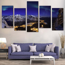 Load image into Gallery viewer, Snowy Mountains Canvas Wall Art Blue Northern Lights Canvas Print Aurora Village Seascape 5 Piece Split Canvas For Living Room
