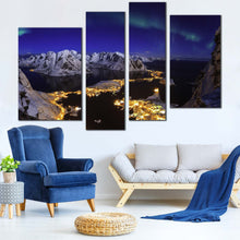 Load image into Gallery viewer, Snowy Mountains Canvas Wall Art Blue Northern Lights Canvas Print Aurora Village Seascape  4 Piece Canvas 
