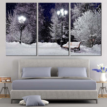 Load image into Gallery viewer, Snowy Park Canvas Wall Art Grey Winter Forest Scenery  3 Piece Canvas Set White Snow Bench At Night Triptych Canvas Print For Bedroom
