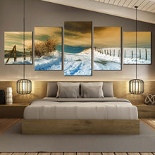 Load image into Gallery viewer, Snowy Path Canvas Print Dramatic Brown Sky Winter Scenery  5 Piece Canvas Wall Art White Road Snow Multiple Canvas In Bedroom
