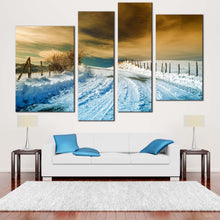 Load image into Gallery viewer, Snowy Path Canvas Print Dramatic Brown Sky Winter Scenery  4 Piece Canvas Wall Art White Road Snow Multiple Canvas 
